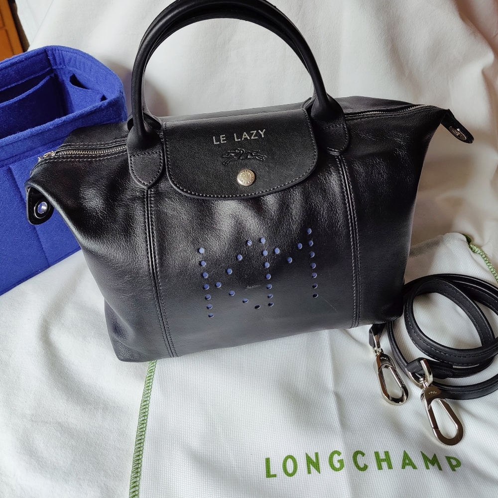 Longchamp Le Pliage Cuir Black Leather Shoulder Bag. Custom monogram edition KM.